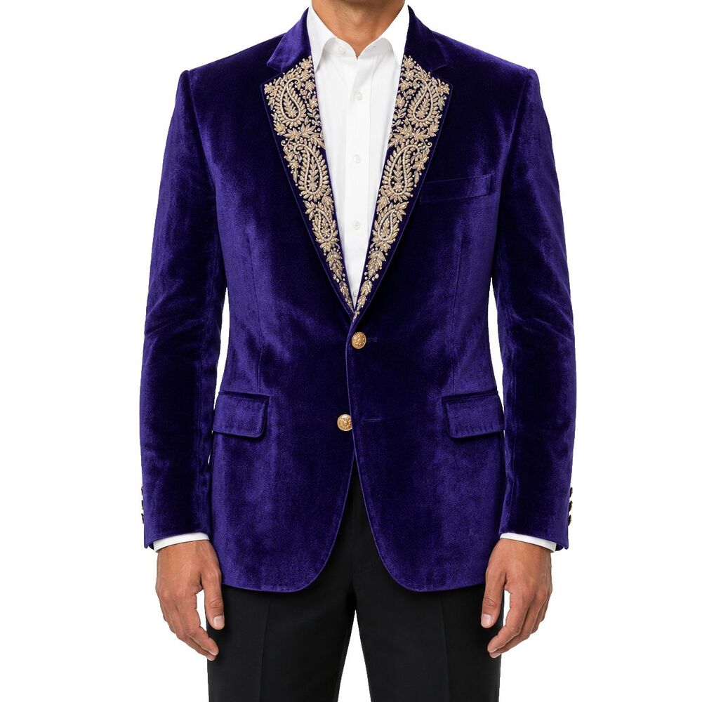 Mens 44R Purple Velvet Blazer Hand Embroidered Paisley Lapel Wedding Tuxedo